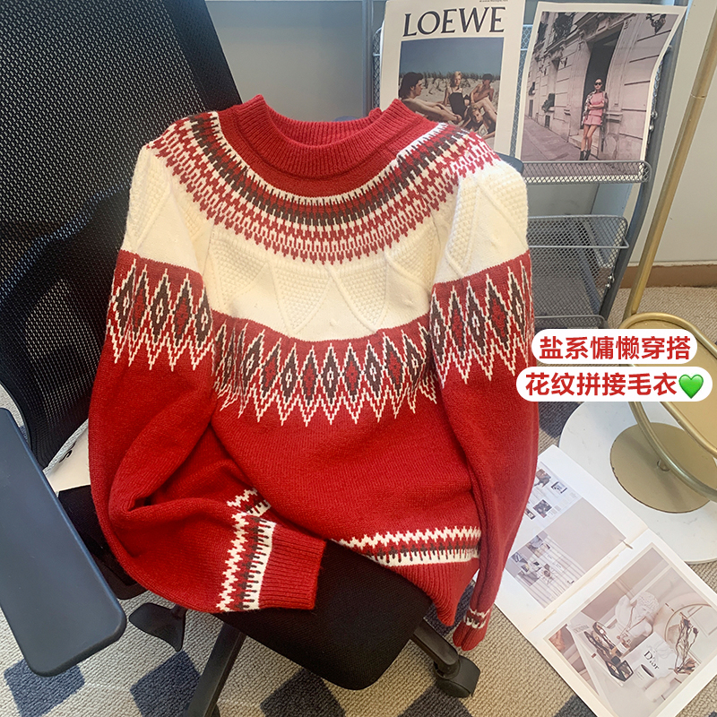 慵懶風聖誕款軟糯毛衣女秋冬2023新款寬鬆外穿加厚套頭針織衫上衣