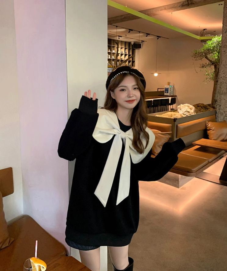 Pure cotton large size Korean fashion design loose bow style long-sleeved top sweatshirt