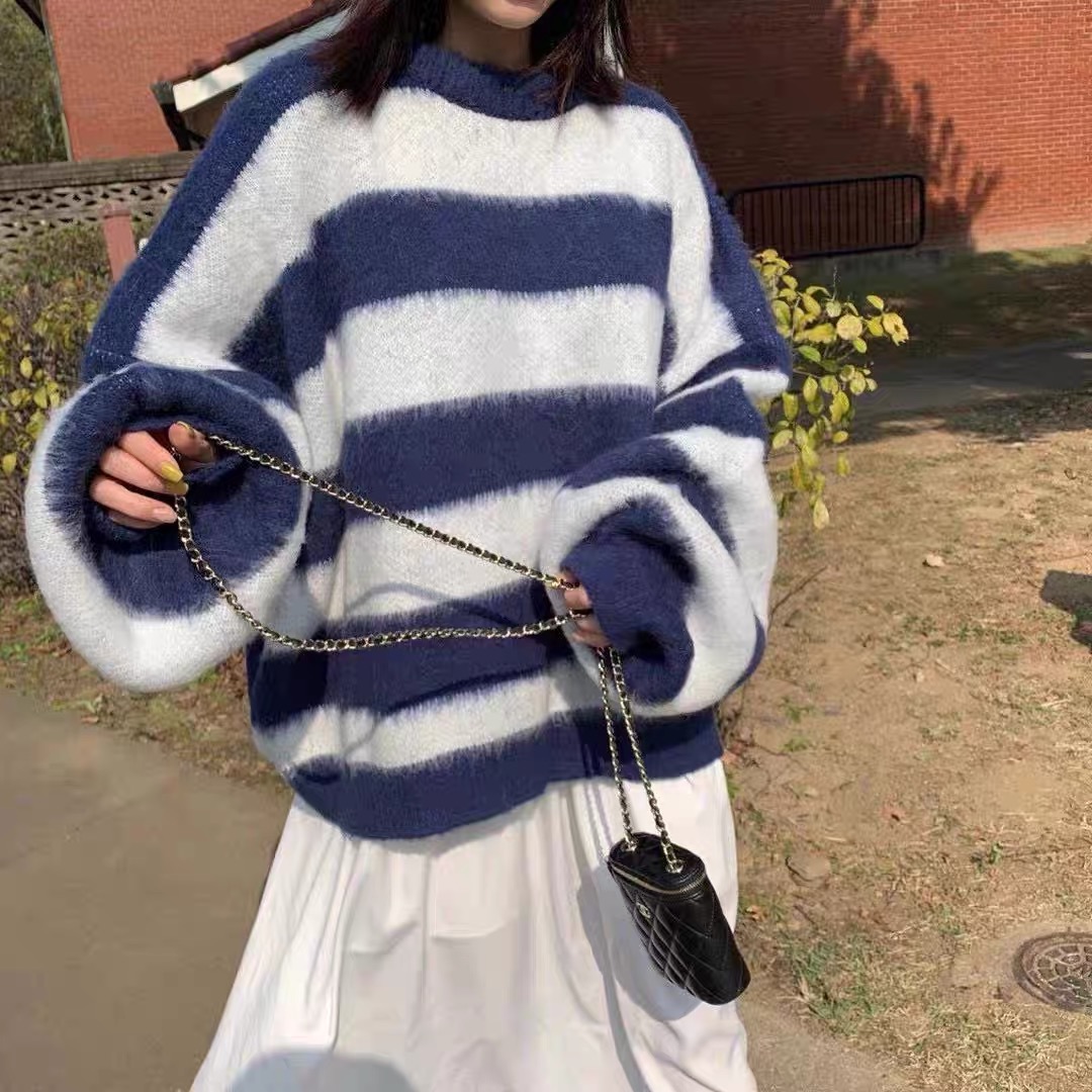 韓國東大門撞色條紋毛衣女2023秋冬款寬鬆馬海毛套頭毛衣