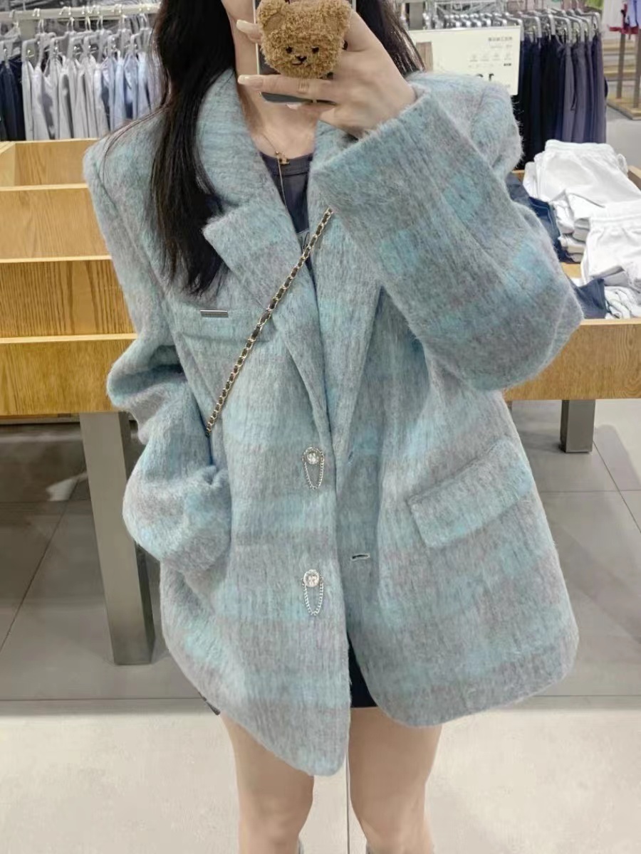 潮牌復古格子毛呢外套女秋冬2023新款設計高級感ins寬鬆西裝上衣