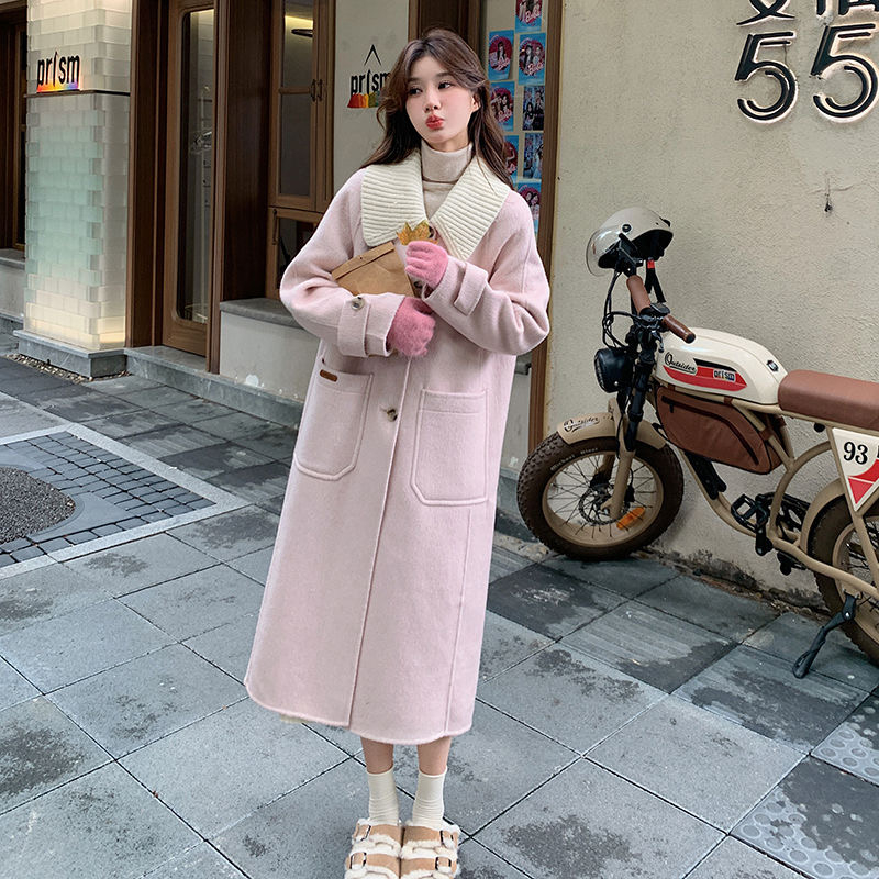 粉色毛呢外套女冬季2023新款加厚韓系小個子中長款高級感呢子大衣