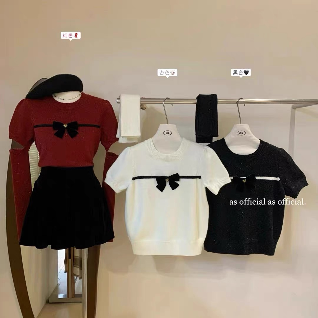 FTONG French gentle sequined sweater for women winter 2023 high-end sleeve top bow knitted sweater