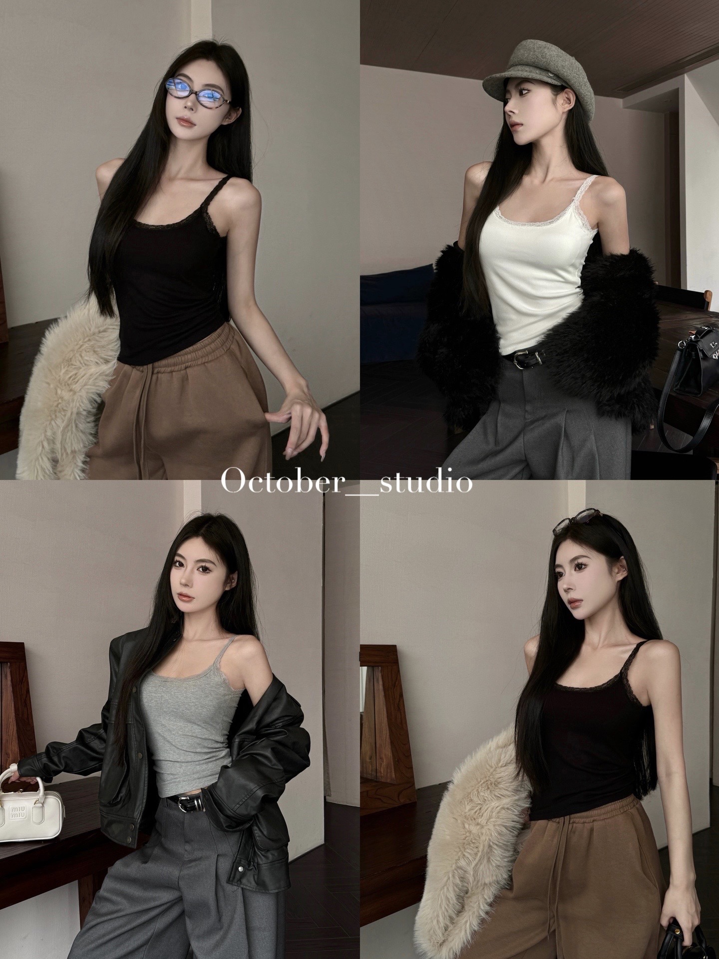 Real shot of lace spliced ​​knitted camisole brushed warm and versatile bottoming top with breast pads