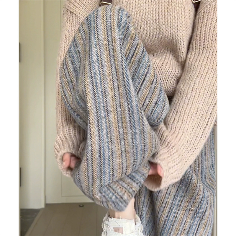 原版面料立體腰頭做工毛呢條紋褲子女秋冬季垂感復古闊腿褲