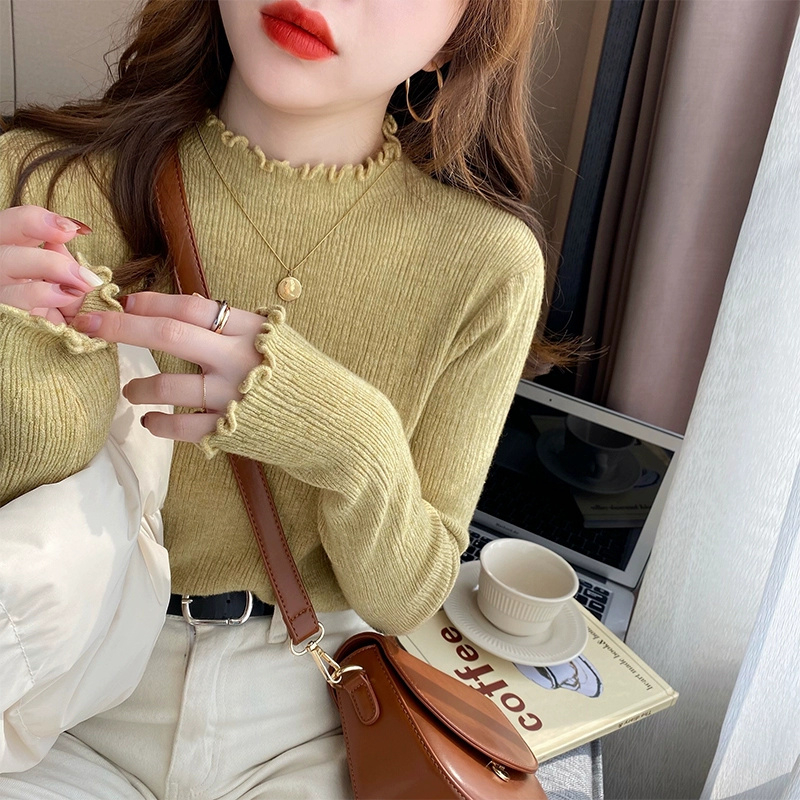 一體絨打底衫女秋冬修身內搭半高領毛衣2023木耳邊設計感上衣