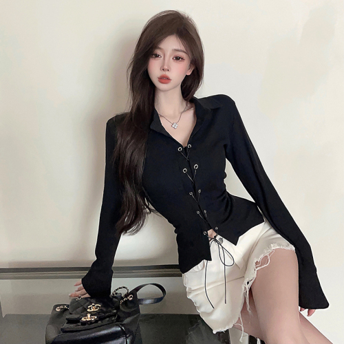 Actual shot ~ Tmall quality short t-shirt for women in spring and autumn hot girl straps slim slim polo collar long-sleeved top