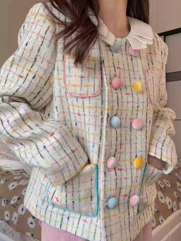 High-end small fragrant style short coat for women 2023 early autumn new loose colorful woven plaid jacket top