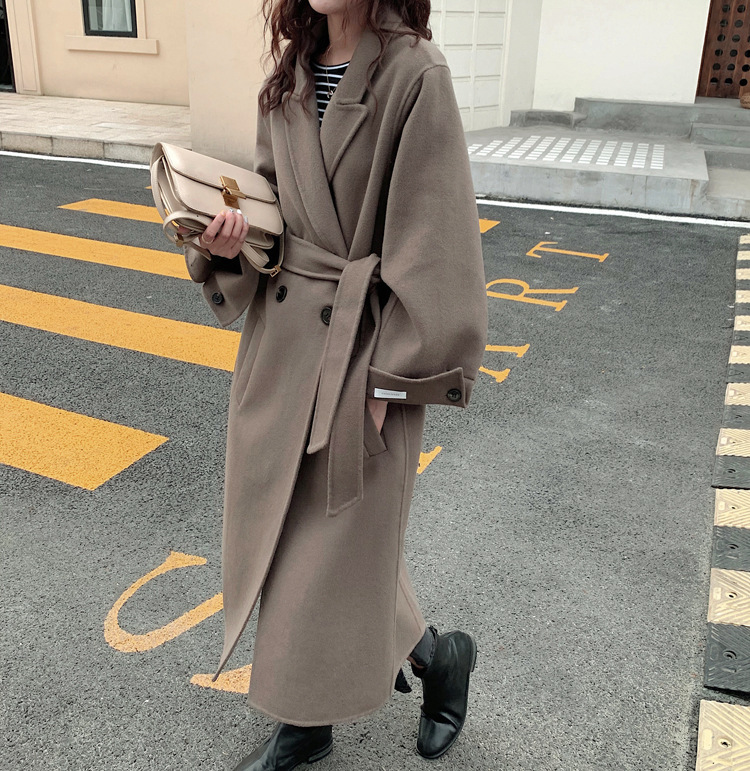 雙面羊絨大衣女中長款2023年新款秋冬韓版寬鬆腰帶雙排扣毛呢外套