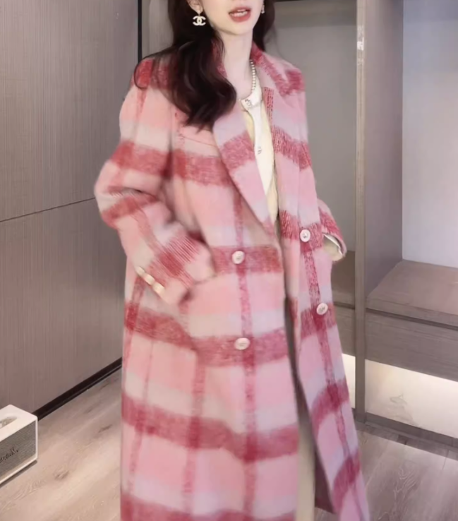 時尚洋氣翻領雙排扣毛呢大衣女2023秋裝新款小香風格子過膝外套潮