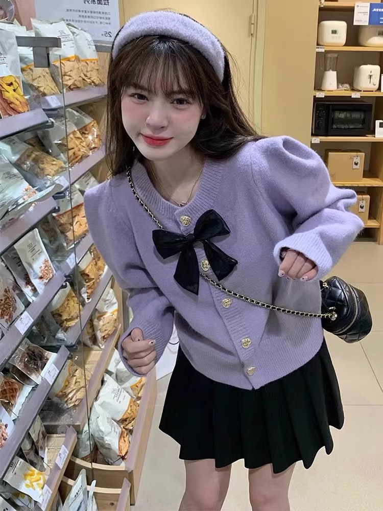 日系甜美香芋紫蝴蝶結針織開衫春秋新款小香風毛衣外套女短款上衣