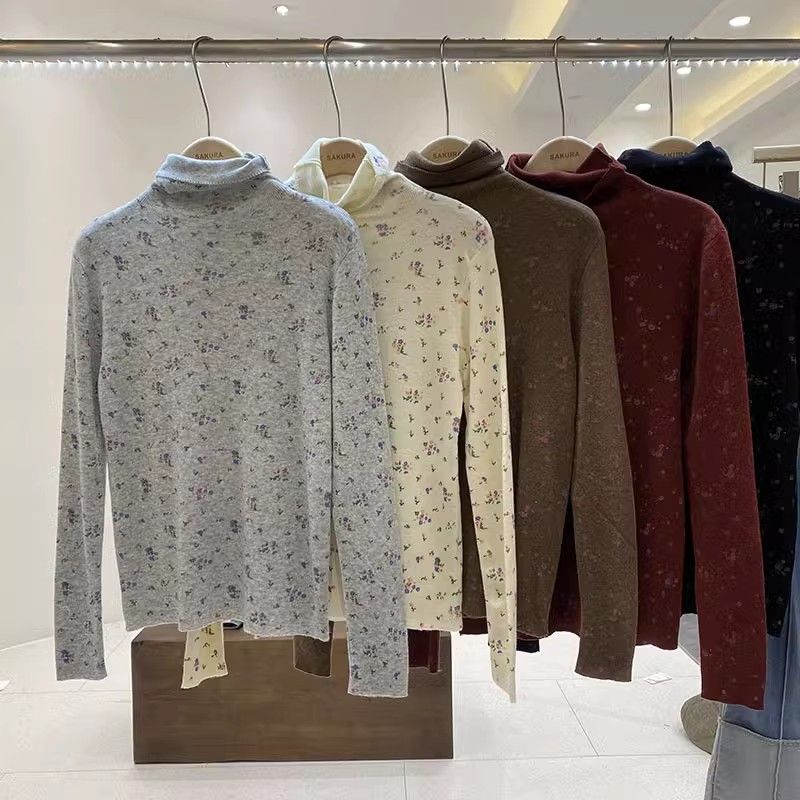 Half turtleneck small floral half turtleneck knitted bottoming shirt for women long-sleeved inner top sweet wave neck T-shirt trendy
