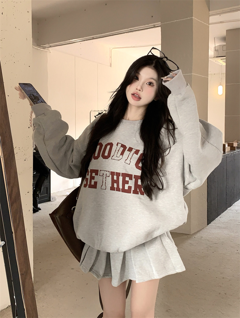 Pure cotton woolen Chinese cotton composite silver fox velvet fashion suit printed sweatshirt autumn and winter high waist skirt two-piece set