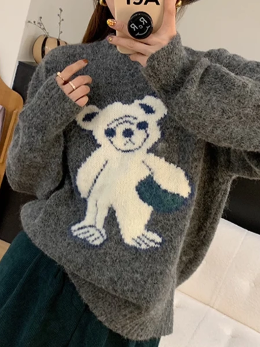 Gray bear soft fufu sweater for women in autumn and winter new style lazy style super nice this year's popular knitted bottoming shirt