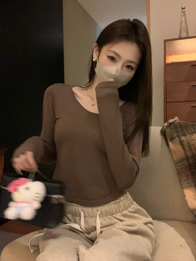 實拍 三標齊 純色保暖打底衫內搭修身U領長袖T恤短款上衣