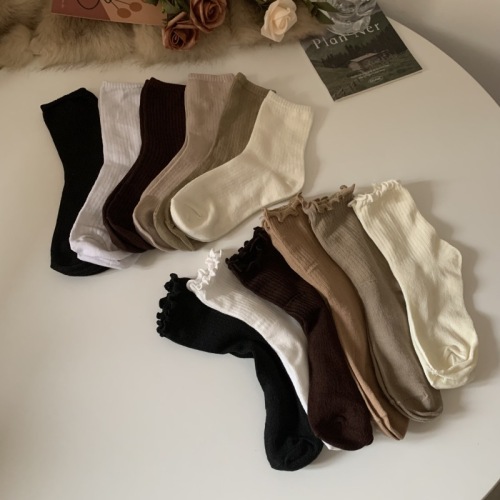 实拍纯色木耳边袜子女中筒袜秋冬堆堆袜长袜女袜纯棉6双装