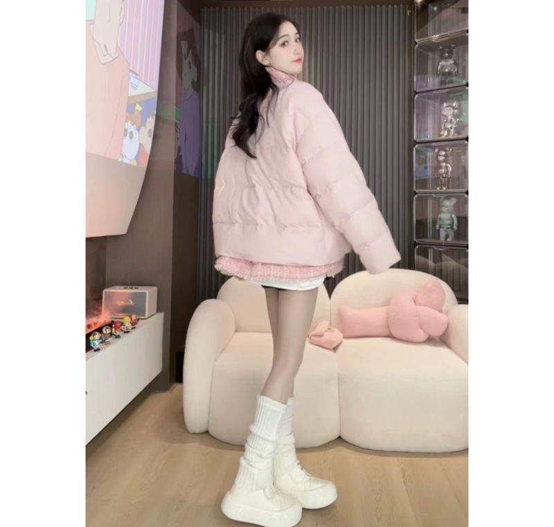 拿鐵咖啡 冬季氣質圓領黑白撞色加厚夾棉小香毛毛外套女棉衣棉服