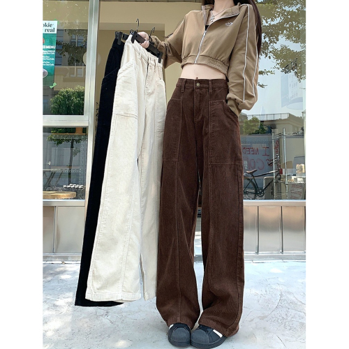 Chic corduroy work casual pants for women autumn 2023 new style American retro high waist wide leg trousers trendy ins
