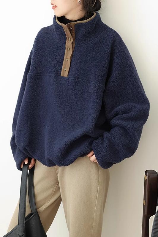 Original workmanship retro literary casual lamb wool versatile sweatshirt winter solid color high collar loose versatile top