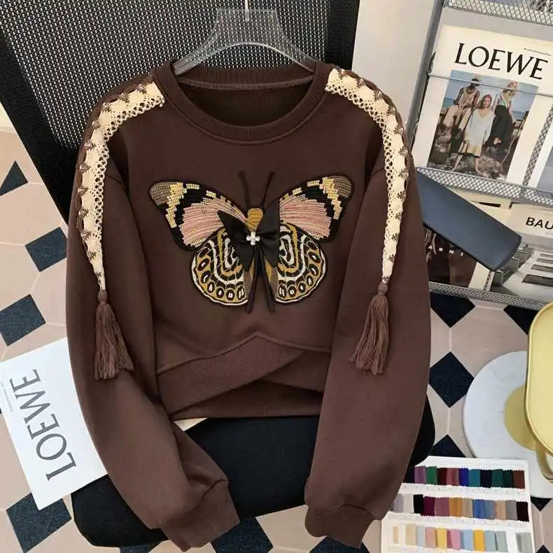 ***重工刺繡蝴蝶加絨加厚衛衣女秋冬復古內啡肽氣質時髦短款上衣