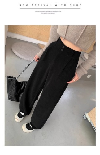 Black corduroy wide-leg pants for women autumn and winter petite 2023 new chenille suit pants straight-leg floor mopping pants