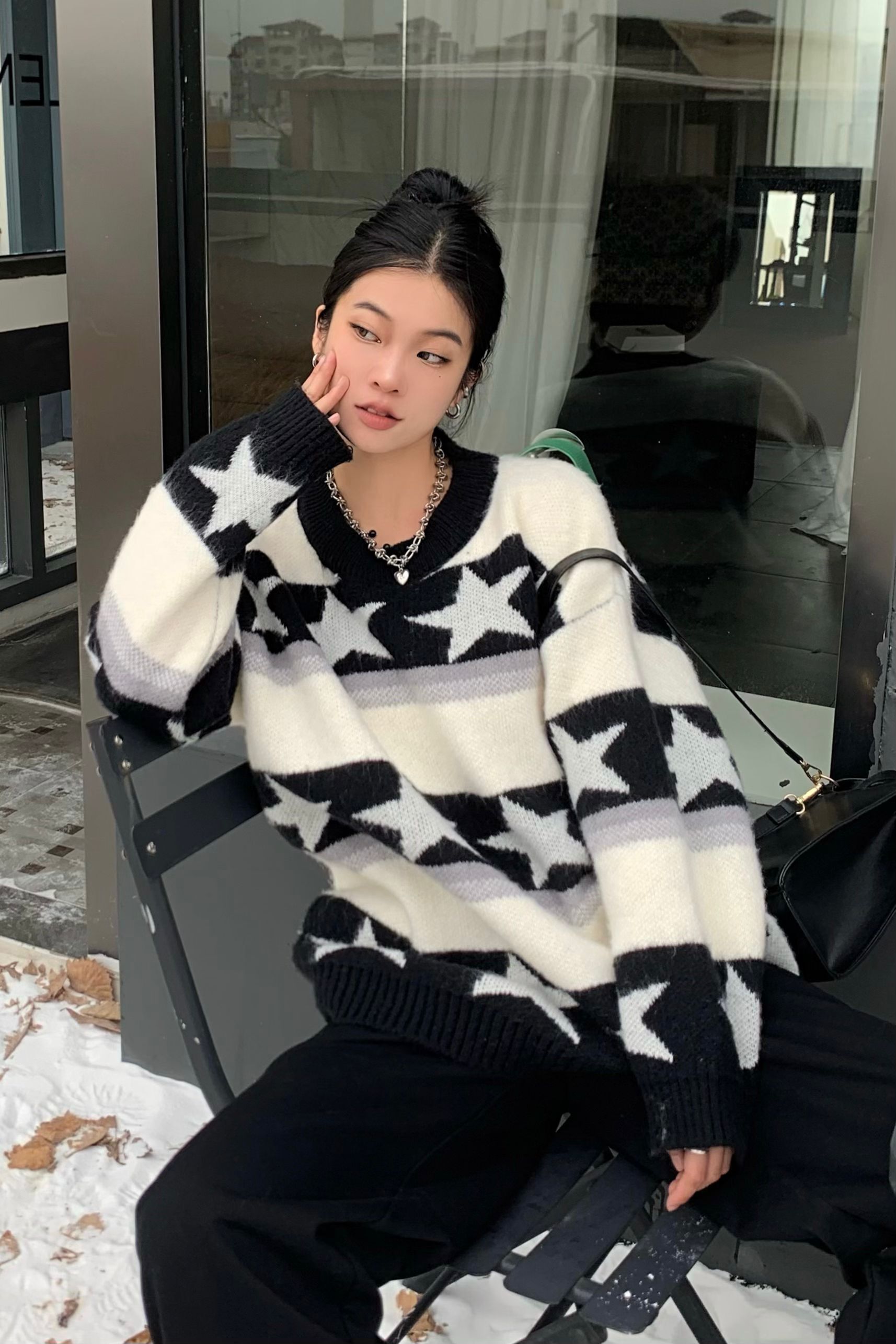 實拍~美式甜心撞色條紋星星加厚毛衣中長款寬鬆百搭休閒上衣