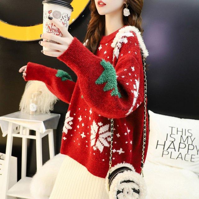Thick red Christmas sweater women's pullover autumn and winter new trendy ins super hot loose lazy style top