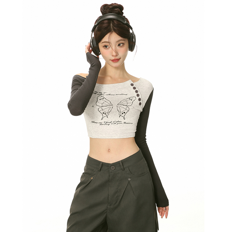 Tmall quality butterfly contrast slanted shoulder button long-sleeved T-shirt women's spring and autumn slim hottie off-the-shoulder short top