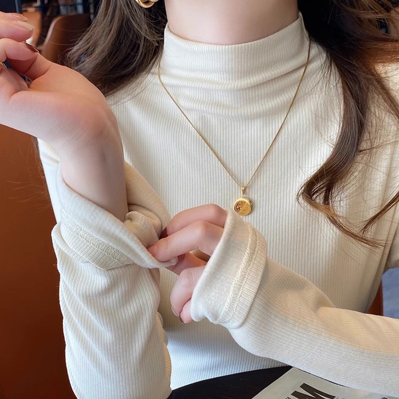 實拍半高領磨毛打底衫女秋冬季韓版長袖t恤內搭修身正肩上衣