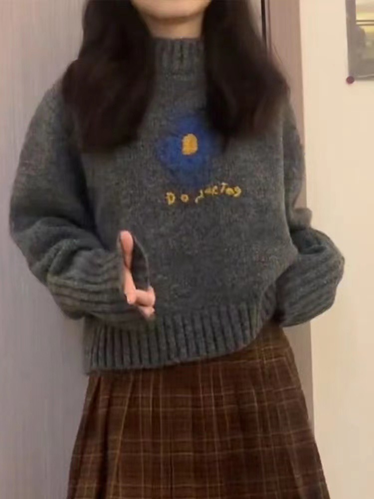 綿羊絨  衣長55 胸圍50  2023春秋新款花朵刺繡套頭毛衣