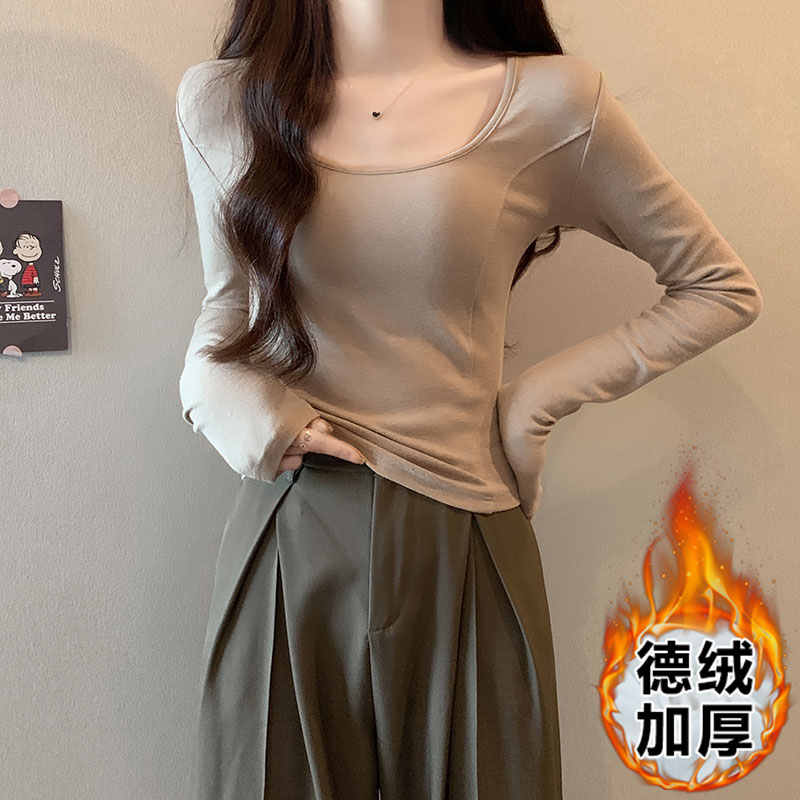 實拍方領德絨打底衫女秋冬內搭魚骨修身短款長袖t恤鎖骨上衣