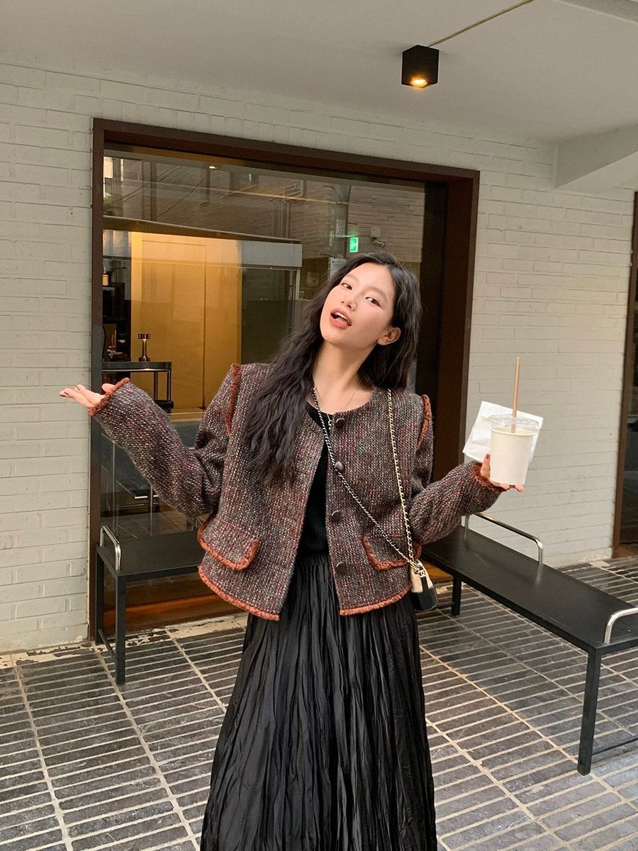 任小藝老錢風紅色小香風外套女2023秋冬短款小個子韓版短款大衣