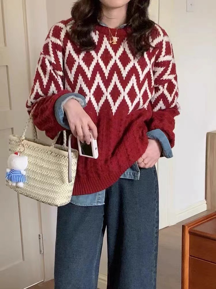 BB家 韓 經典圓領毛衣休閒慵懶感日常冬季穿搭收口設計修身菱格女