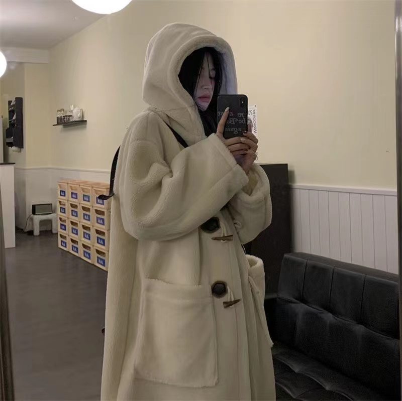 Horn Button Lamb Wool Jacket Women's Thickened Winter Over-the-Knee Long Hooded Polar Fleece Coat Versatile Warm Cotton Clothes