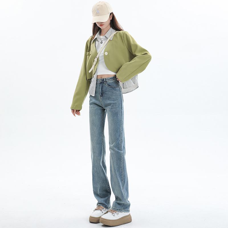 Actual shot of 2024 early spring new straight-leg jeans for women, high-waisted, loose, slim and tall wide-leg pants for small people