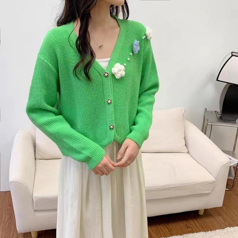 甜美風春季單排扣針織開衫長袖薄款外套女新款修身顯瘦立體花朵