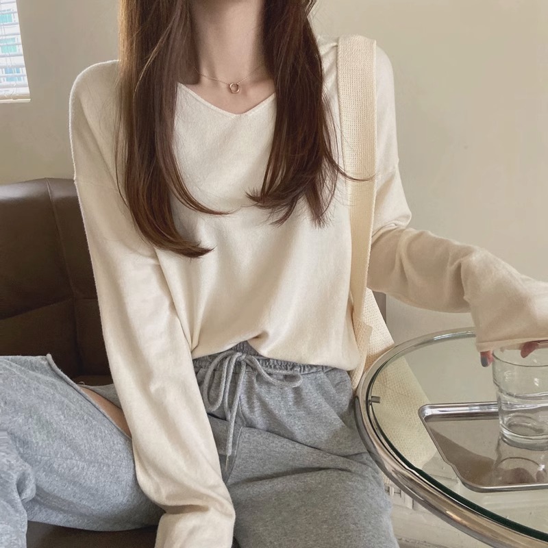 韓版ins慵懶風寬鬆長袖內搭針織衫女秋日系溫柔風甜美v領t恤上衣