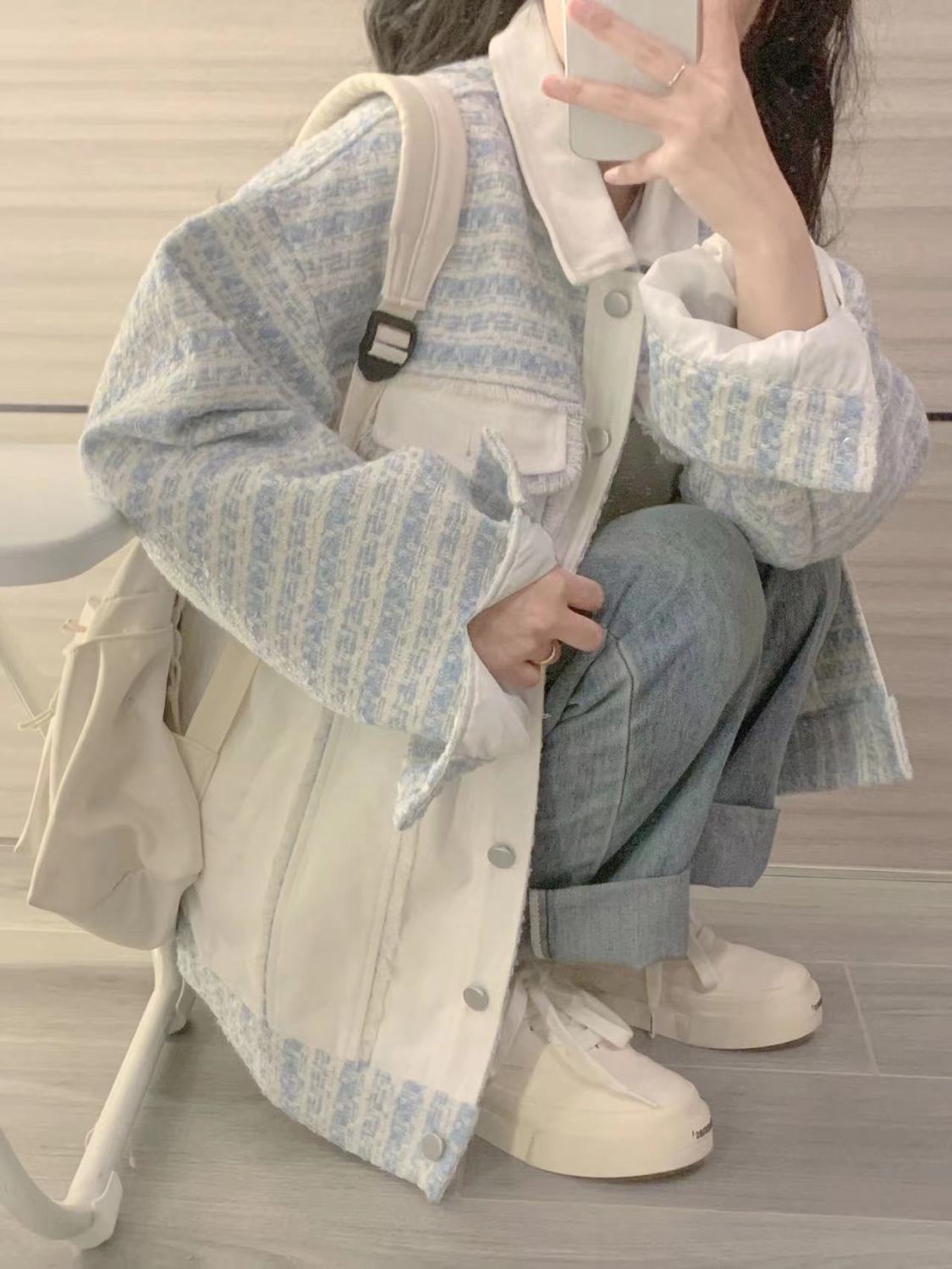 Blue and white splicing small fragrant style raw edge jacket for female students spring and autumn new ins college style workwear jacket trendy top