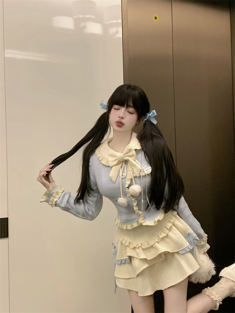 實拍藍色小香風上衣高腰半身裙冬裝搭配一整套裝裙