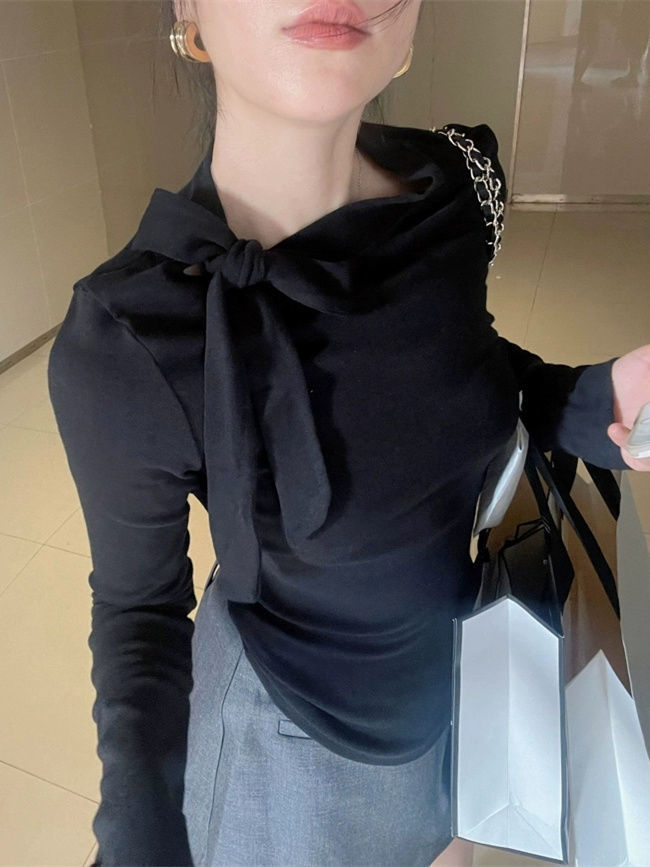 DeRong autumn and winter slim inner top design half turtleneck bottoming shirt bow tie long-sleeved T-shirt