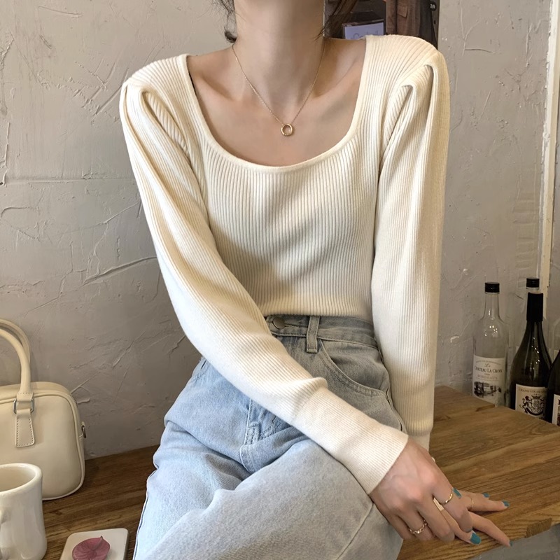 法式方領牛油果綠毛衣女秋冬新款洋氣鎖骨內搭針織打底衫短款上衣