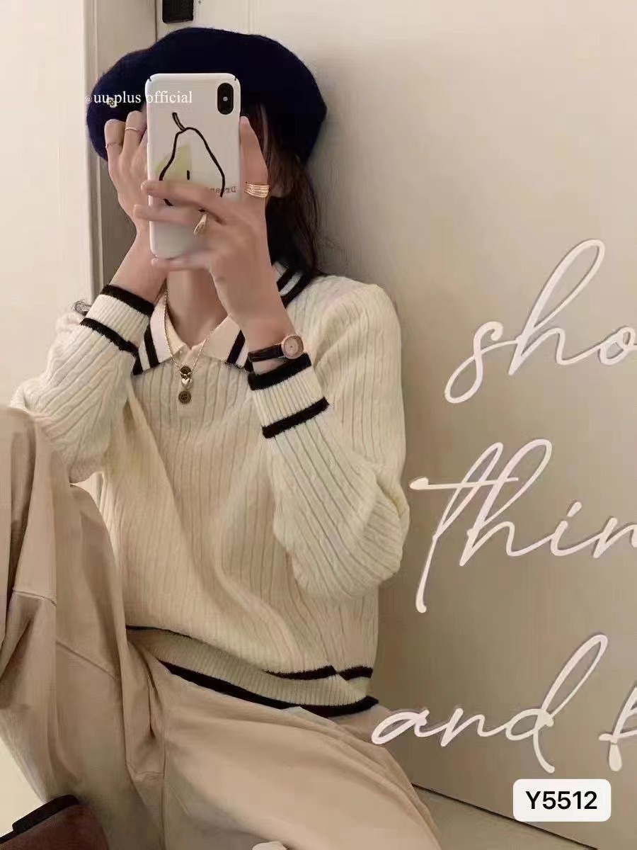 2023 new autumn and winter Korean style college style lapel twist knit slimming long-sleeved top for women
