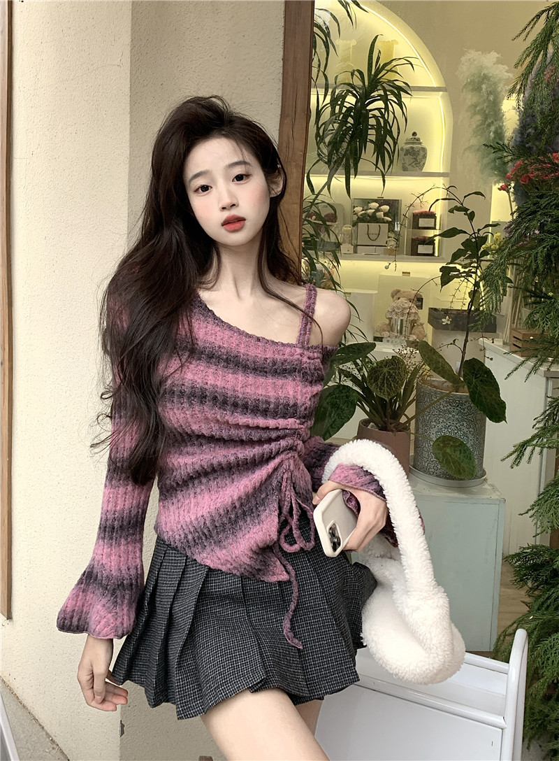 實拍~純欲百搭休閒露肩抽繩長袖T恤女不規則磨毛修身顯瘦上衣