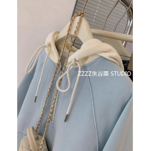 Original workmanship, niche hooded sweatshirt for women,  autumn and winter loose, lazy style half-zip top