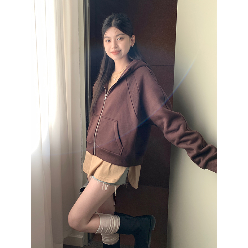 實拍加絨加厚立領連帽衛衣女美式復古23秋冬新款拉鏈寬鬆短款外套
