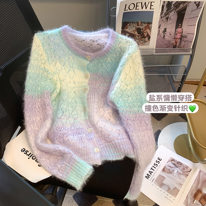 春季新款設計感小眾撞色軟糯針織開衫毛衣女溫柔風顯瘦上衣