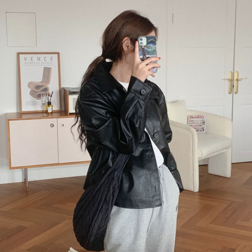 Korean style new black imitation leather jacket for women  spring and autumn American and European new Hong Kong style casual pu leather jacket top