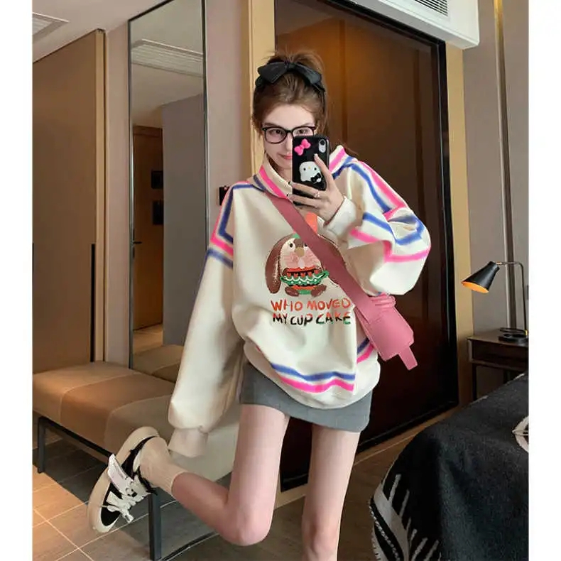 秋冬加絨設計感小眾連帽衛衣女休閒百搭oversize慵懶風套頭上衣潮