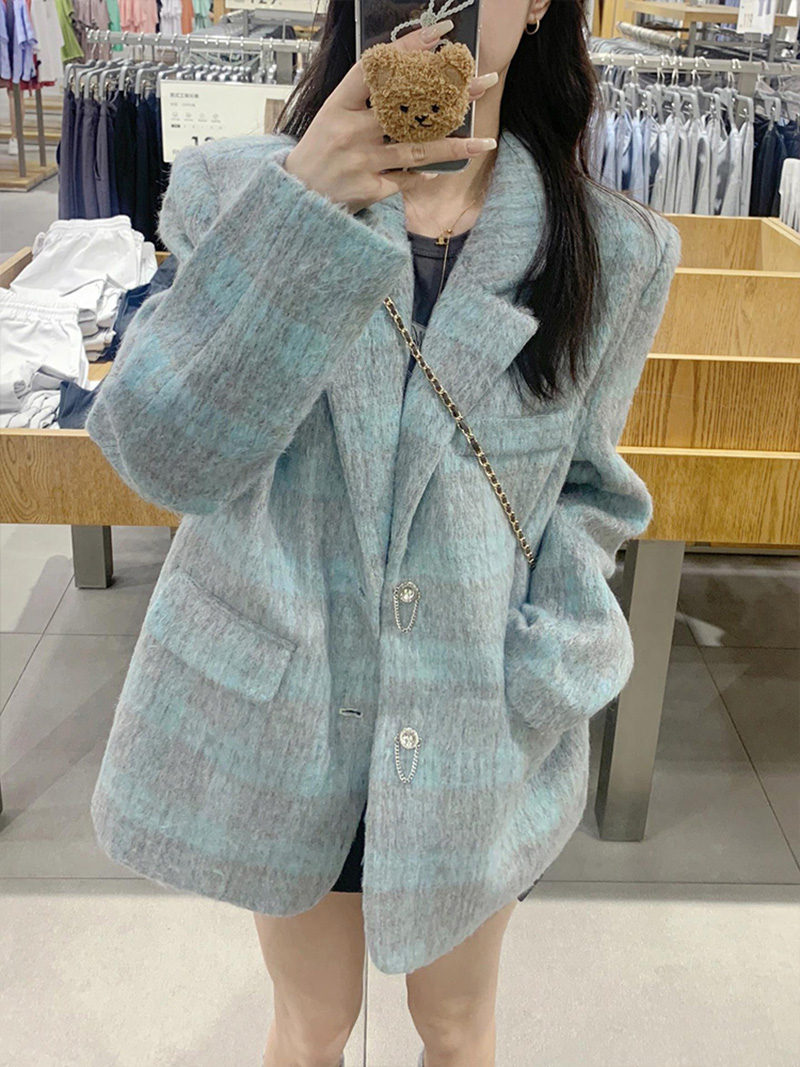 潮牌復古格子毛呢外套女秋冬2023新款設計高級感ins寬鬆西裝上衣
