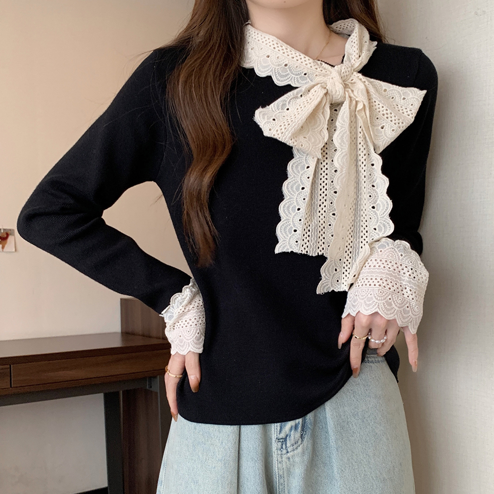 Real shot of plus size women's winter spliced ​​bow collar long-sleeved sweater slim sweater bottoming inner top