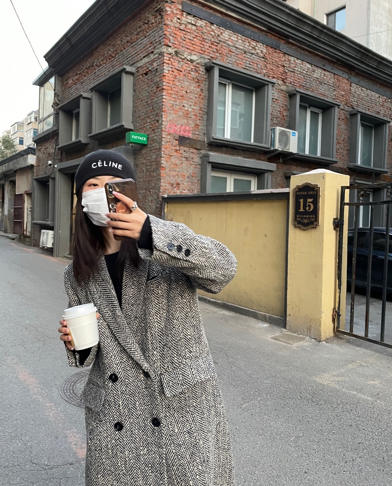高級羊絨毛呢外套女2023冬裝新款韓版時尚雜色粗花呢長款寬鬆大衣